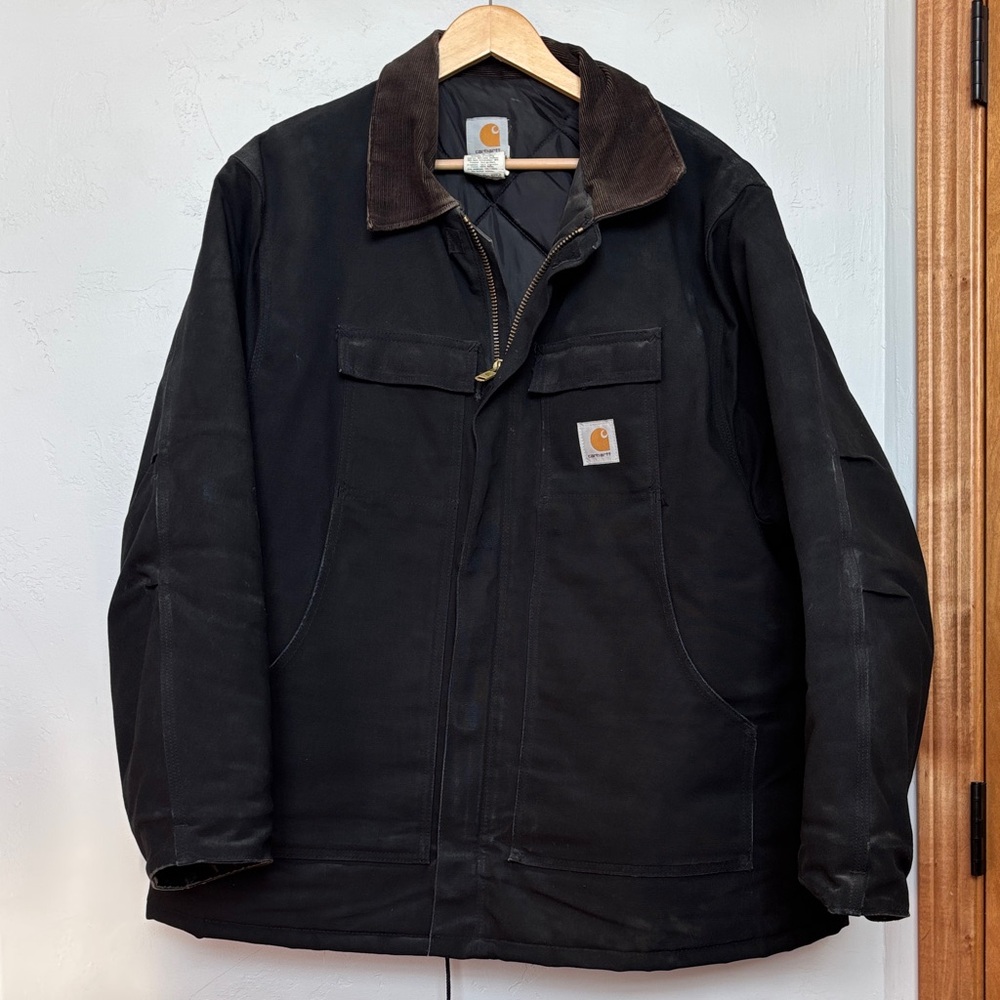 Carhartt Men's Black Field Jacket with Brown Corduroy Collar